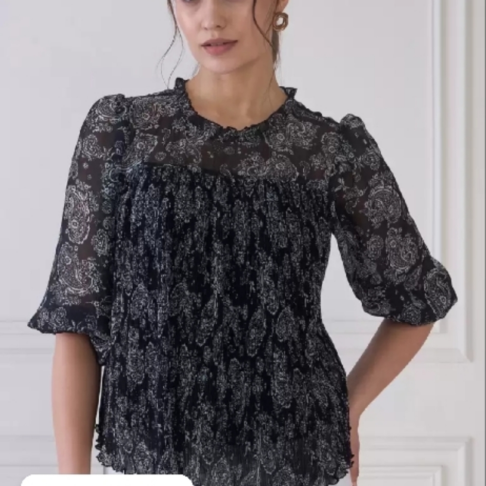 Black crew neck blouse with flutter sleeves and ruffled style